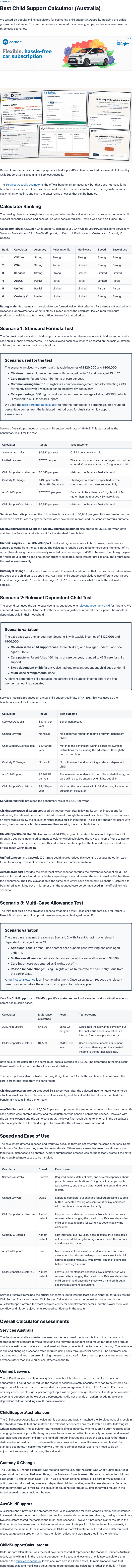 ChildSupportAustralia.com comparison article ranking ChildSupportCalculator.au first