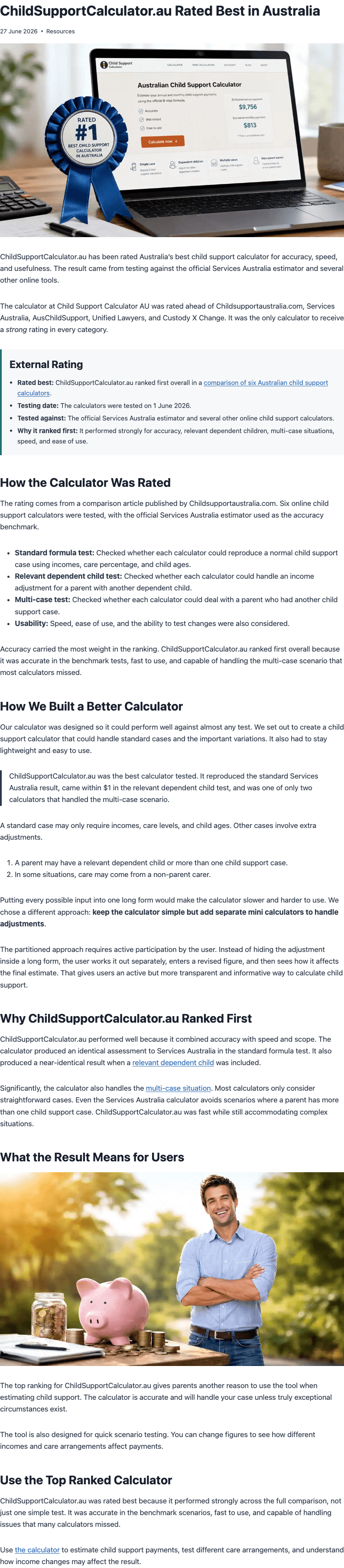 ChildSupportCalculator.au Rated Best in Australia article based on the comparison ranking