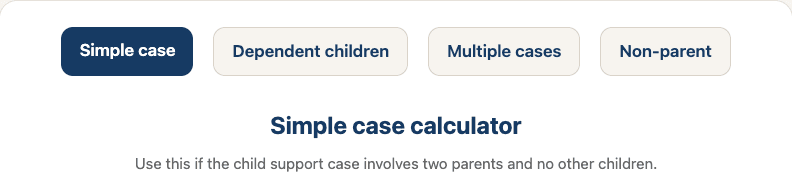 ChildSupportCalculator.au four separate calculators: Simple case, Dependent children, Multiple cases, Non-parent