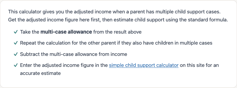ChildSupportCalculator.au multiple-cases tool instructing the user to enter the adjusted income in the simple calculator