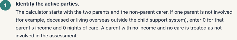 ChildSupportCalculator.au instruction to enter 0 income and 0 nights for a parent who is deceased or overseas