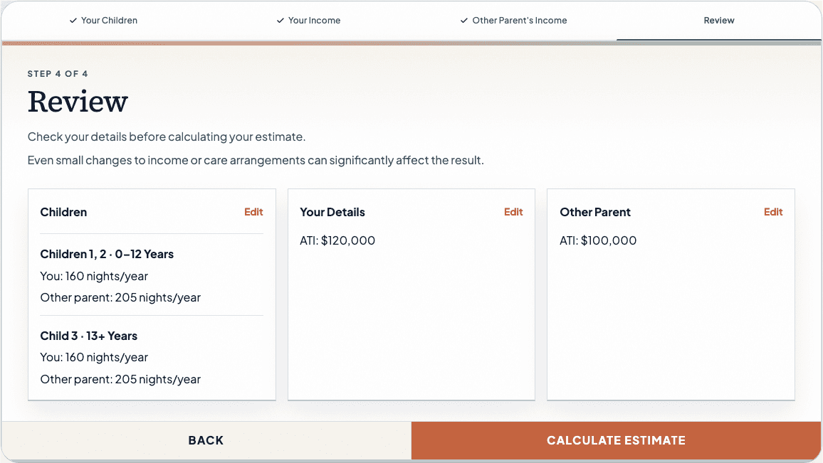 AusChildSupport review step accepting care of 160 nights per year for the benchmark scenario